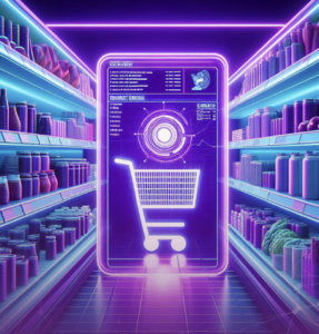 Telefon mit Einkaufswagen im futuristischen Einkaufsgang
